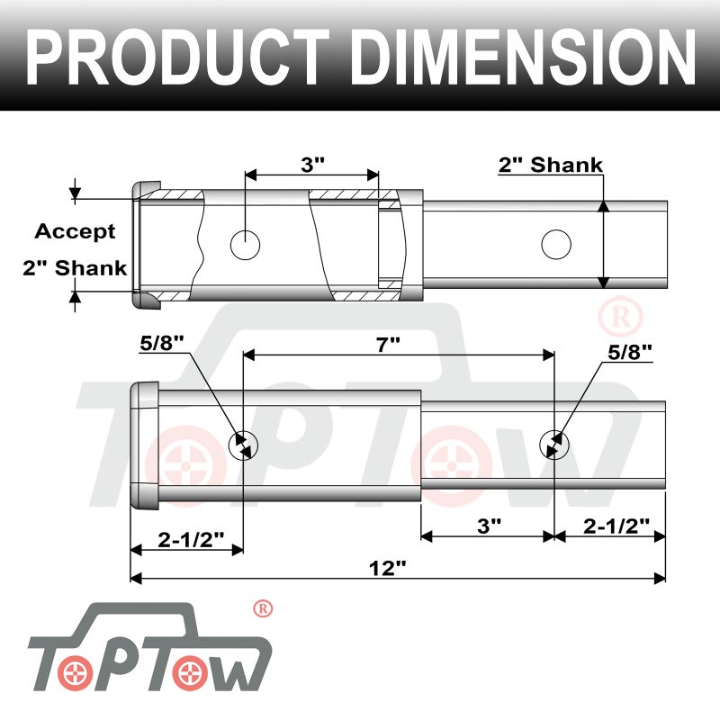 TOPTOW Hitch Extender, Fits for 2 inch Receiver, 7 inch Extension Length, with 5/8 inch Hitch Pin - Image 2
